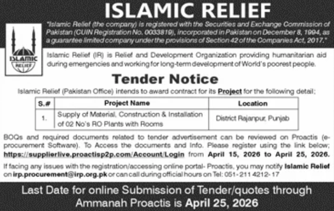 Supply of Material, Construction & Installation of 02 No's RO Plants with Rooms